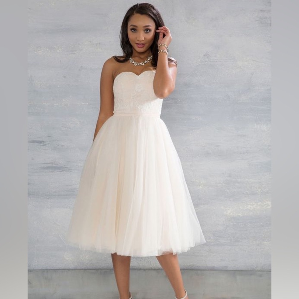 Chi Chi London tea length strapless bridal dress in blush - US20 - BNWT